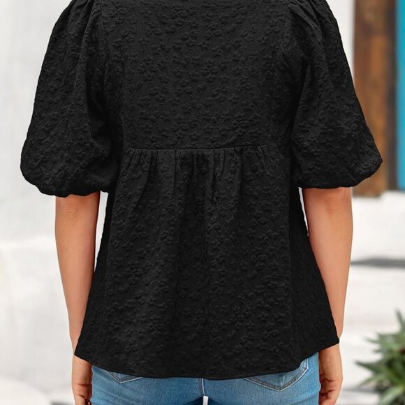 Womens Summer Tops 2025 Ruffle V Neck Blouses Loose Puff Short Sleeve Jacquard B - Picture 5 of 5